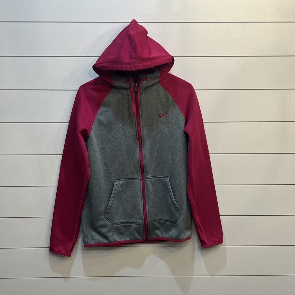 Nike Hoodie Women Small Pink And Gray Sweatshirt Jacket Therma Fit Swoosh Raglan